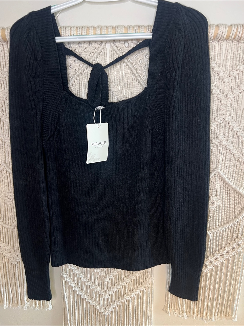 Miracle Black Ribbed Square-Neck Tie-Back Long Sleeve sweater